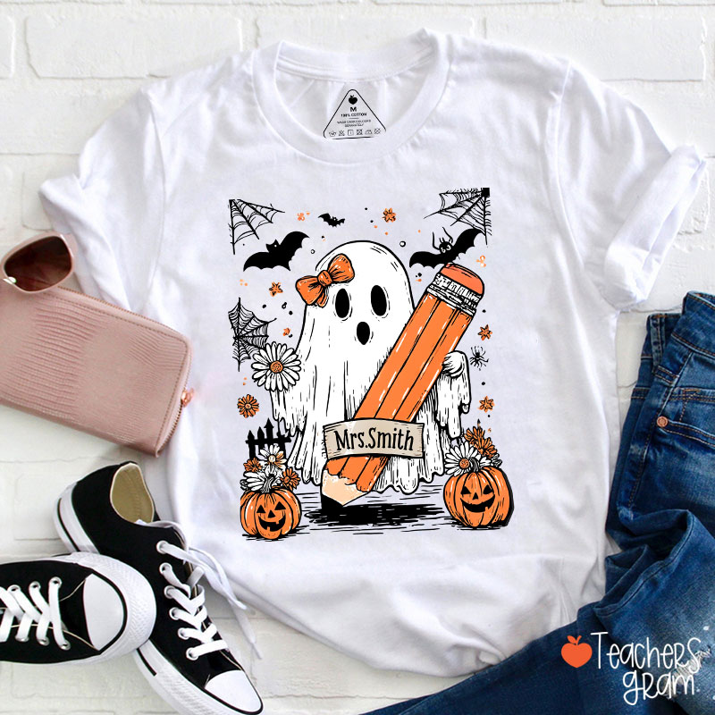 Personalized Name Cute Ghost Floral Halloween Teacher T-Shirt