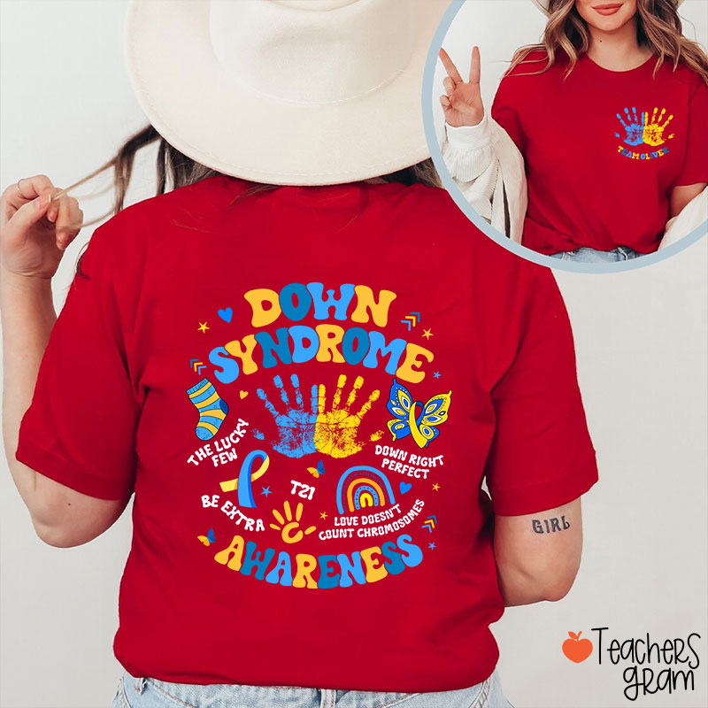 Personalized Name Down Syndrome Awareness Teacher Two Sided T-Shirt