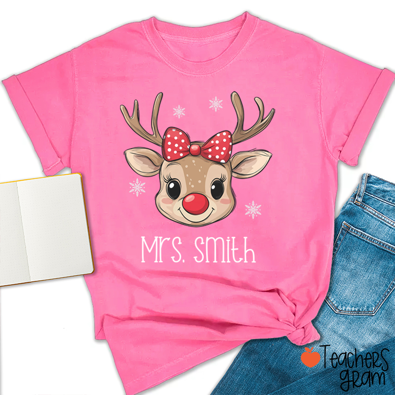 Personalized Name Cute Bow Reindeer Teacher T-Shirt