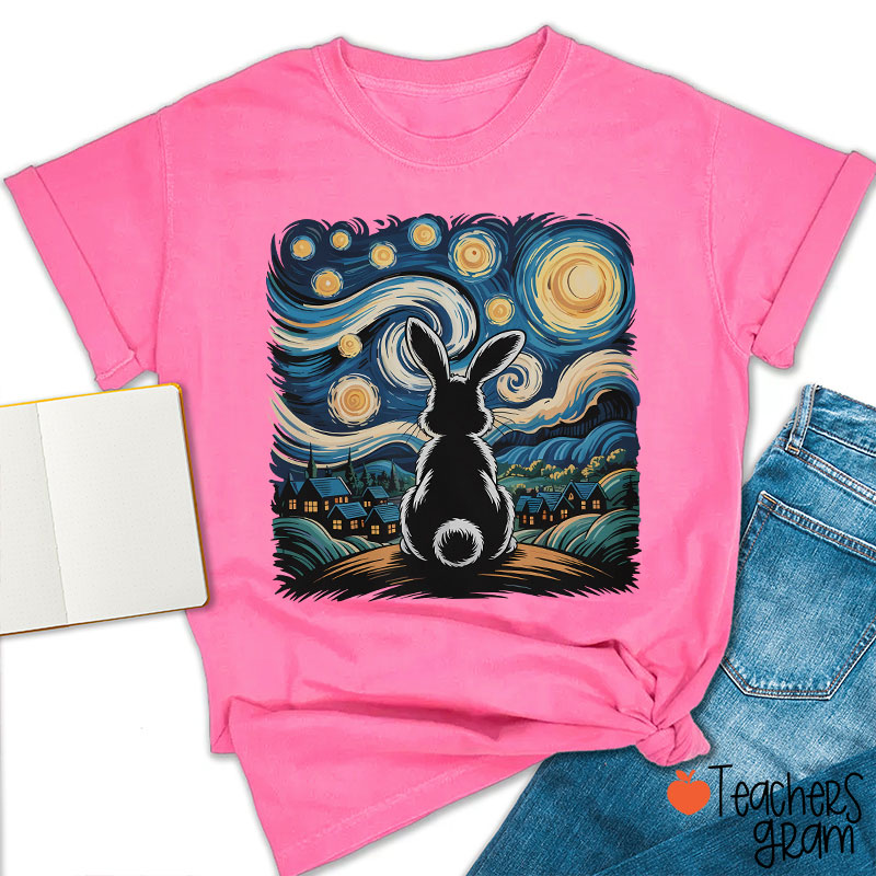 Starry Night Van Gogh Rabbit Teacher T-Shirt