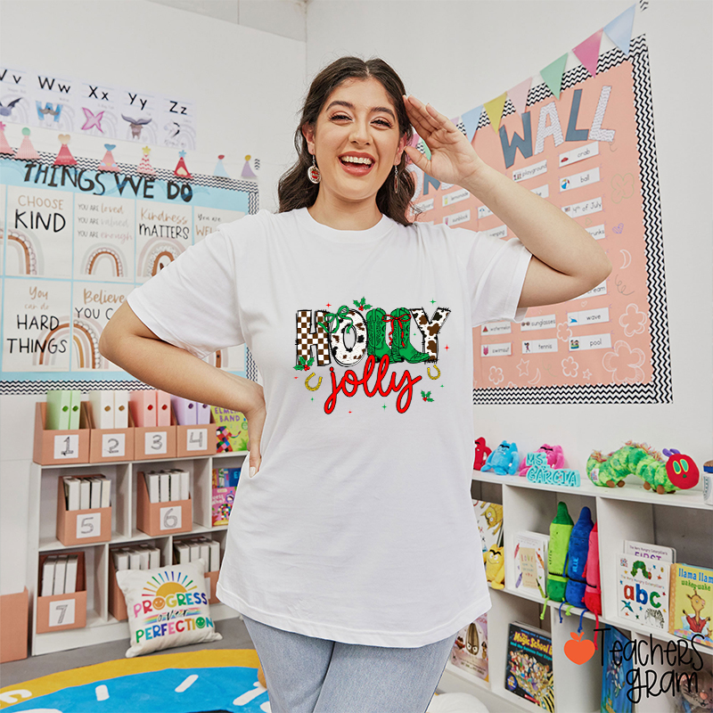 Western Holly Jolly Teacher T-Shirt