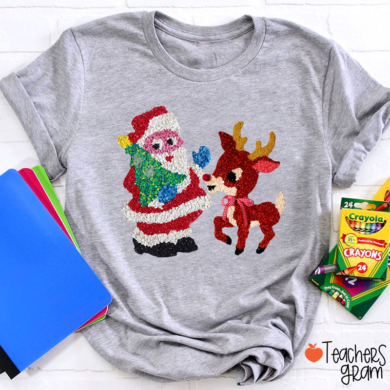 Santa And Rudolph Faux Melted Plastic Teacher T-Shirt