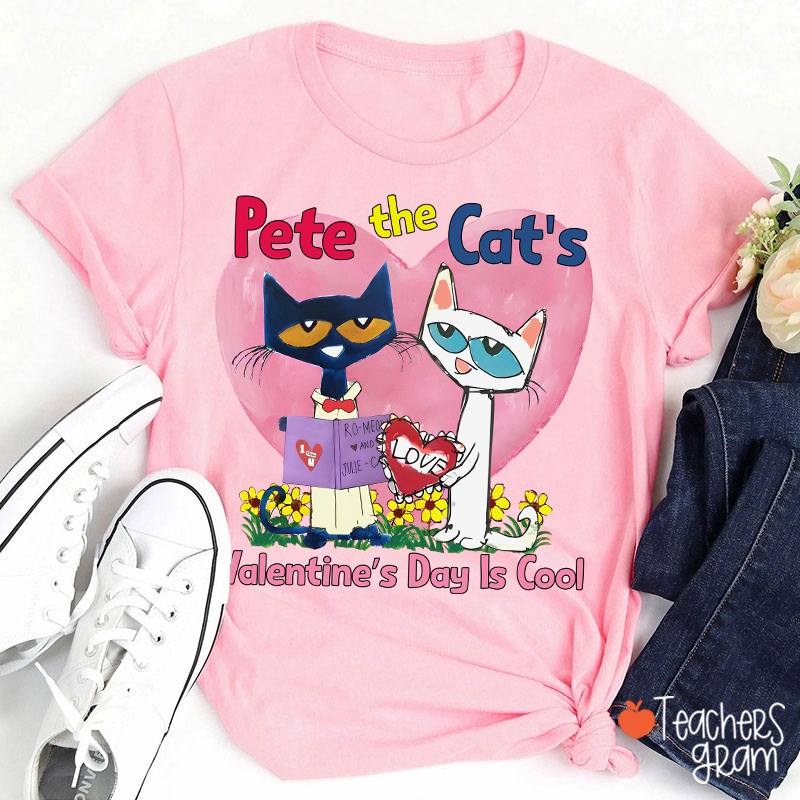 Blue And White Cat Valentine's Day Is Cool Teacher T-Shirt