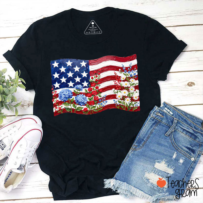 Floral American Flag Teacher T-Shirt