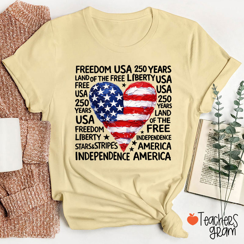 Heart Shaped American Flag Teacher T-Shirt