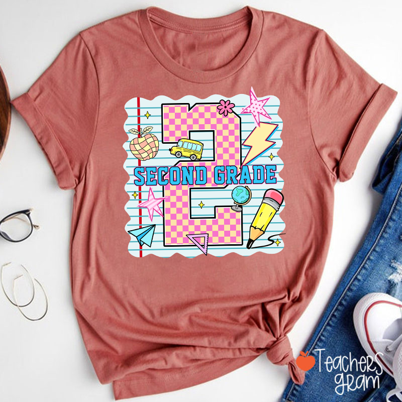 Personalized Pink Plaid And Notebook Style Teacher T-Shirt