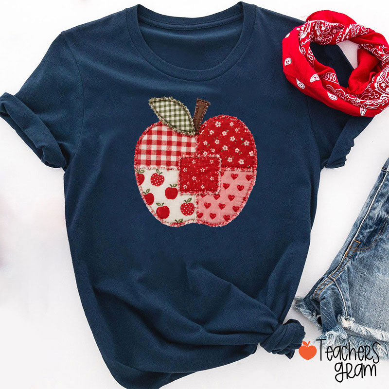 Vintage Patchwork Apple Gingham Floral Heart Teacher Graphic Teacher T-Shirt