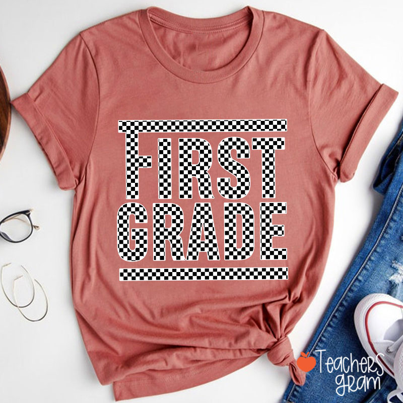 Personalized Black And White Checkerboard Grade Teacher T-Shirt