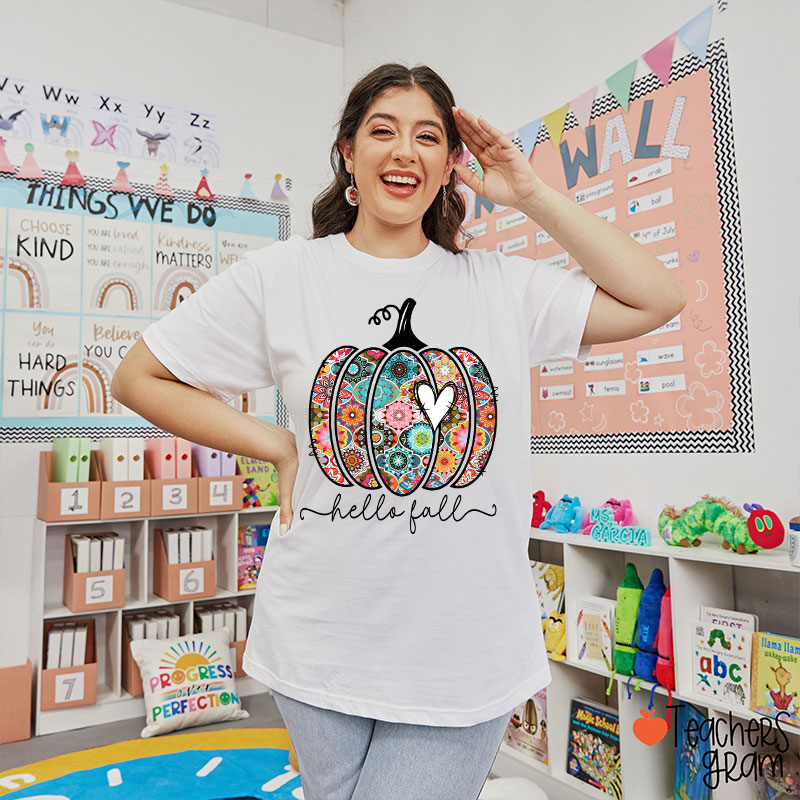 Personalized Text Flowers Pumpkin Fall Teacher T-Shirt
