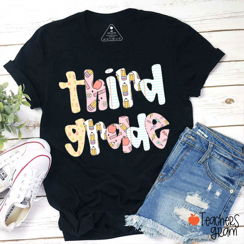 Personalized Grade Floral Pencil Notebook Teacher T-Shirt