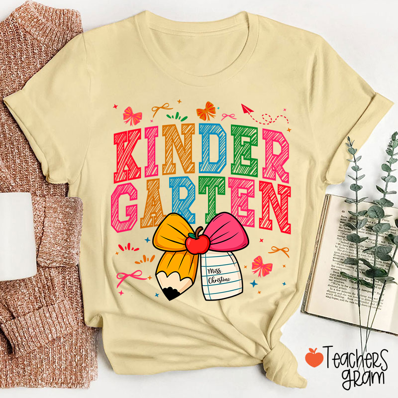 Personalized Grade Name Bow Hand-Drawn Pencil Apple Teacher T-Shirt