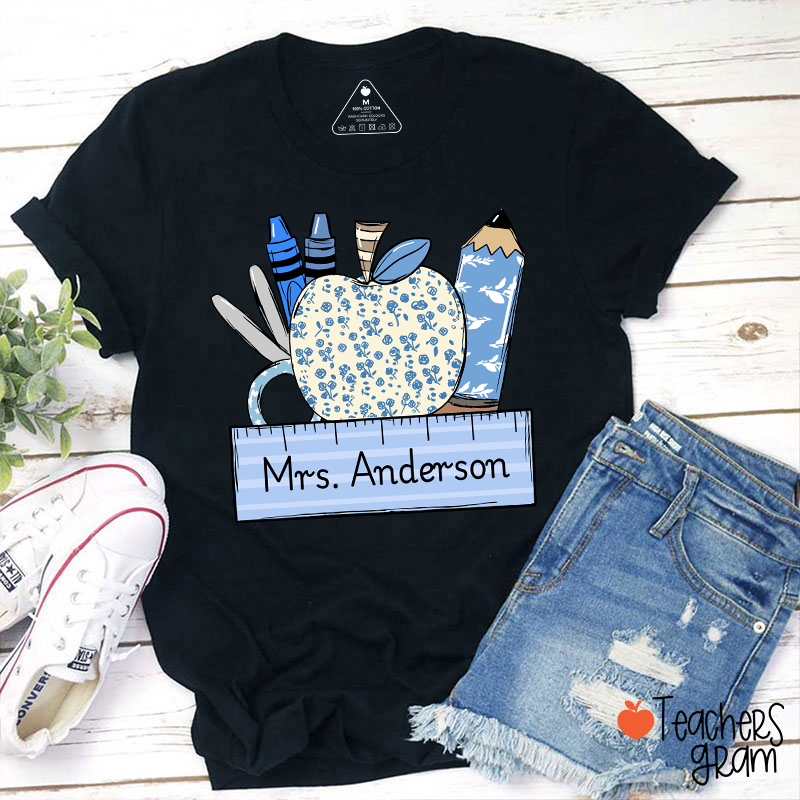 Personalized Name Blue Apple Pencil Crayon Scissors Ruler Teacher T-Shirt