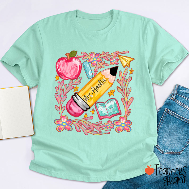 Flowers Pencil Apple Book Star Teacher T-Shirt