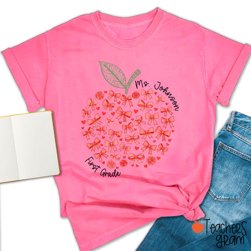 Personalized Name Or Grade Bow Apple Teacher T-Shirt