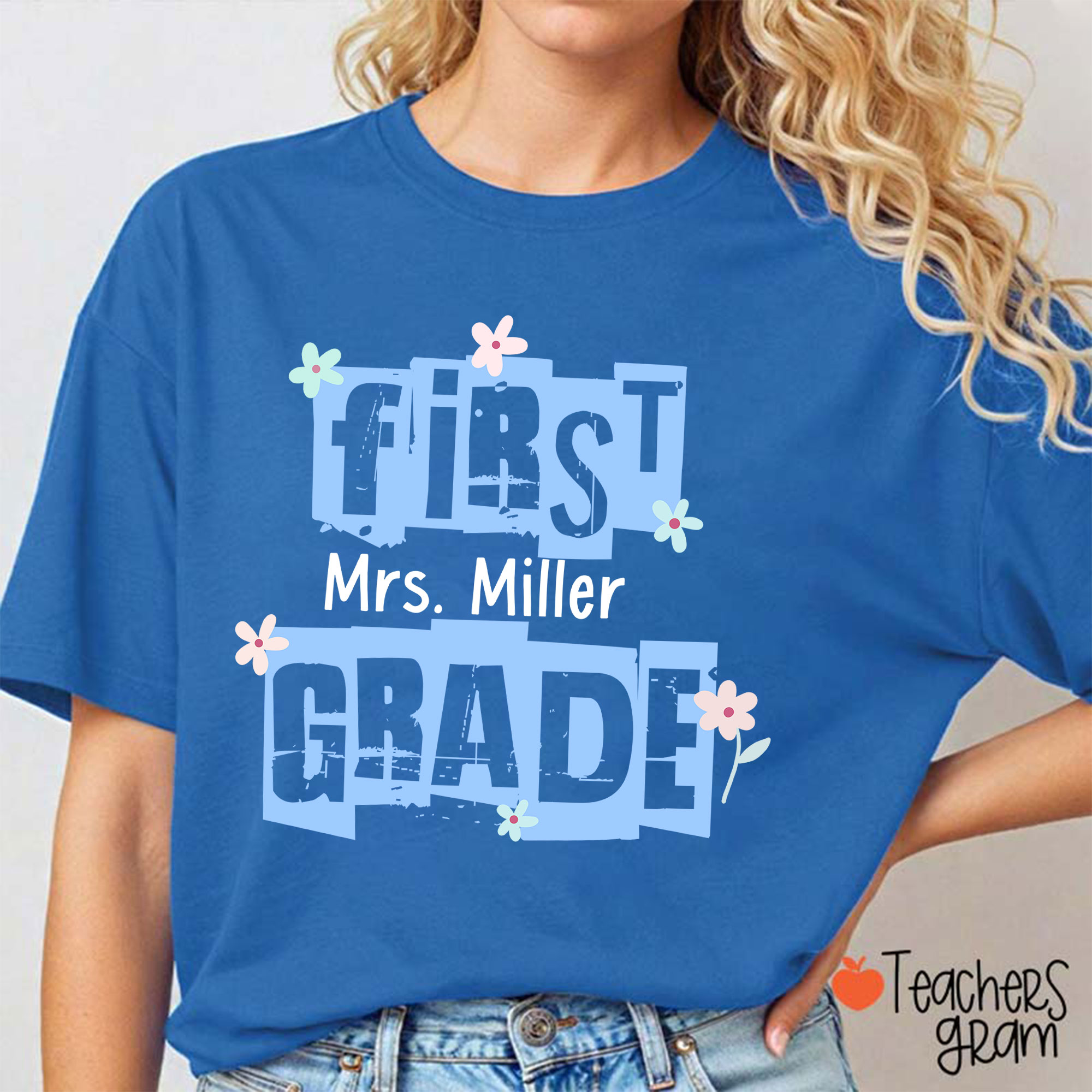 Personalized Grade Name Hollow Monochrome Flowers Teacher T-Shirt