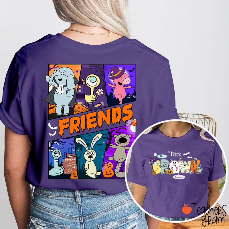 Personalized Name Boo Booooks Friends Teacher Two Sided T-Shirt