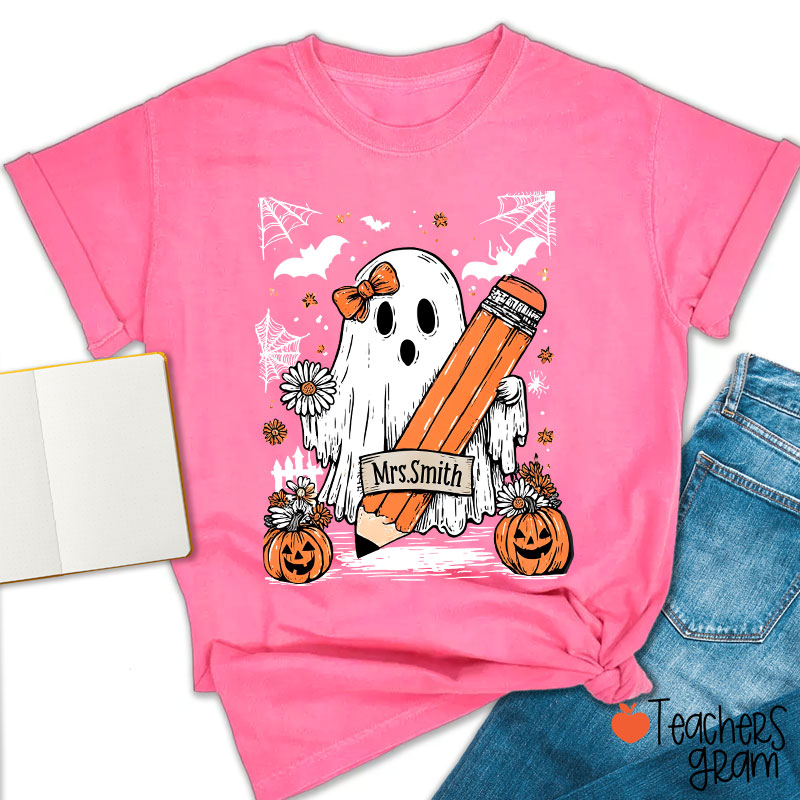 Personalized Name Cute Ghost Floral Halloween Teacher T-Shirt