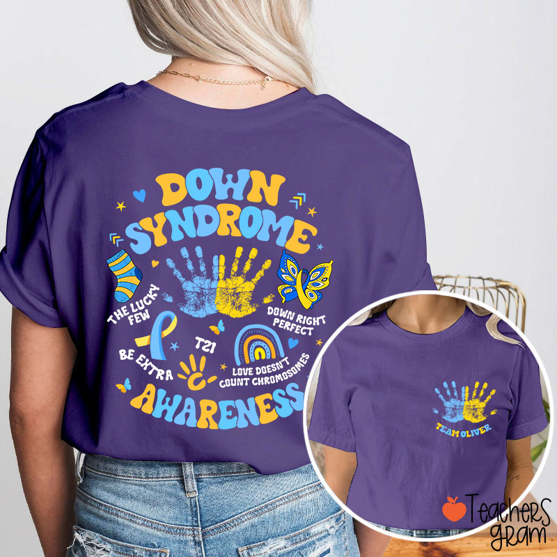 Personalized Name Down Syndrome Awareness Teacher Two Sided T-Shirt