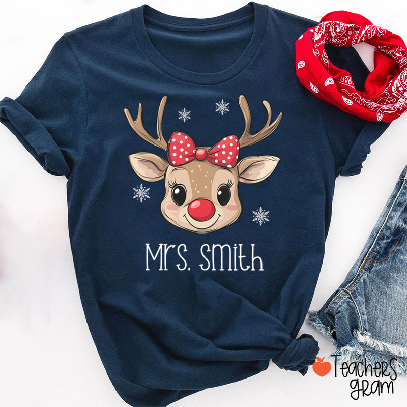 Personalized Name Cute Bow Reindeer Teacher T-Shirt
