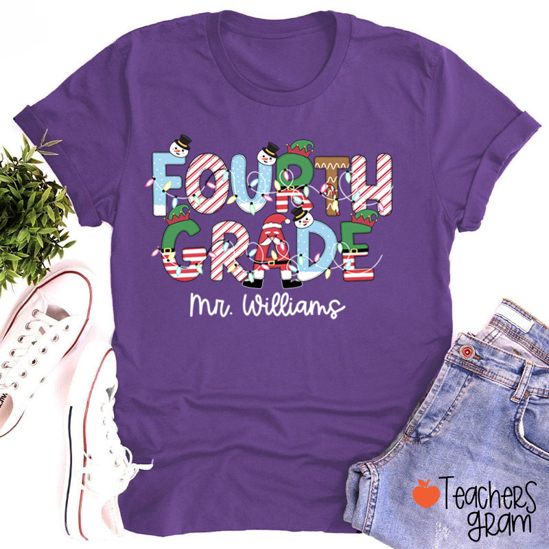 Personalized Grade And Name Christmas Teacher T-Shirt