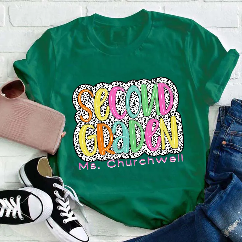 Personalized Neon Lights And Polka Dots Teacher T-Shirt
