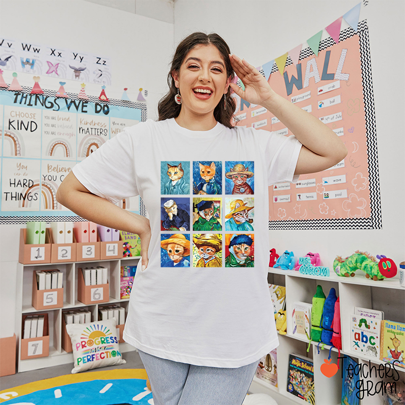Funny Cats Painting Van Gogh Art Lover Teacher T-Shirt