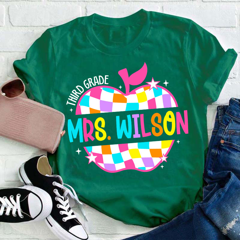 Personalized Colorful Checkerboard Hollow Apple Teacher T-Shirt