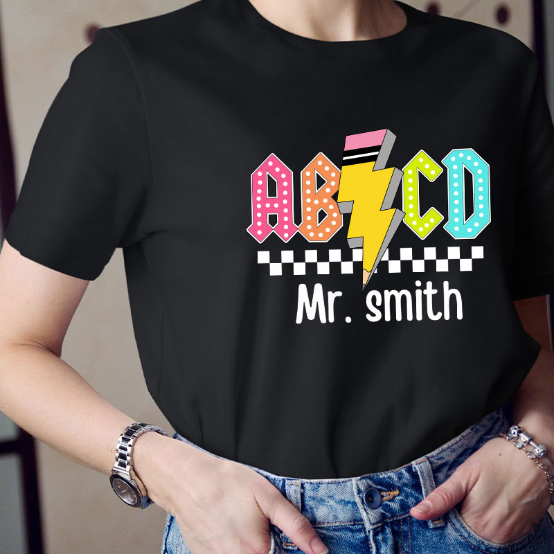 Personalized Teacher's Name Lightning Pencil Icon Teacher T-Shirt
