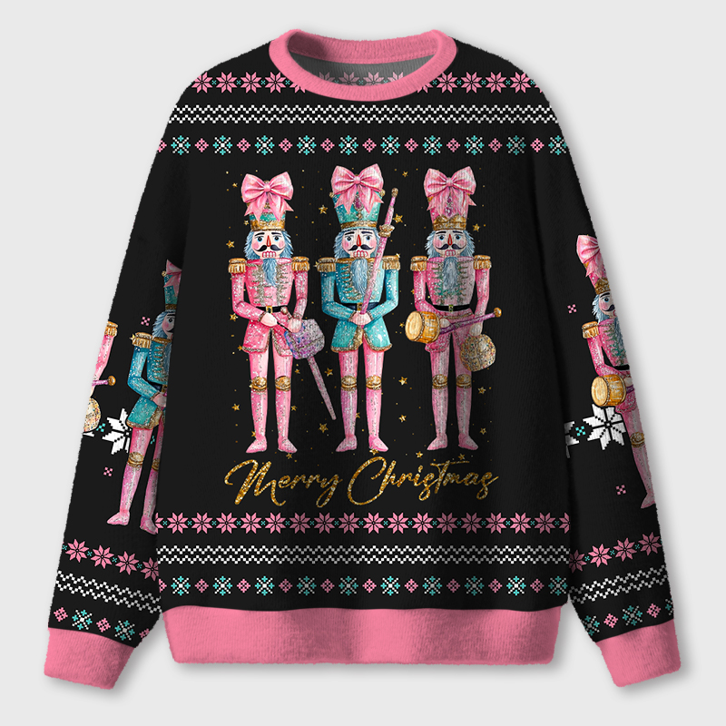 Christmas Puppet Soldiers With Pink Bow Tie Teacher Ugly Fluffy Christmas Sweater