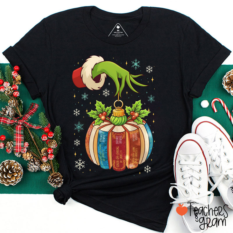 Green Hand Christmas Ornament Book Teacher T-Shirt