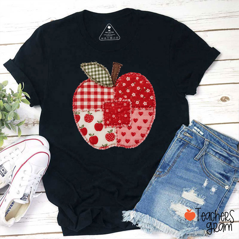 Vintage Patchwork Apple Gingham Floral Heart Teacher Graphic Teacher T-Shirt