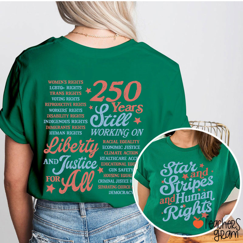 Star And Stripes And Human Rights Teacher Two Sided T-Shirt