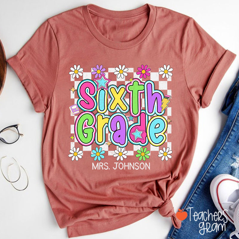 Personalized Name And Grade Checkered Flowers Teacher T-Shirt