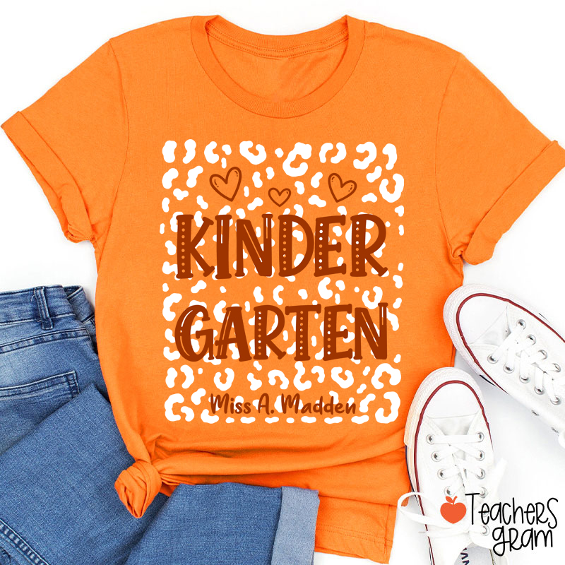 Personalized Name And Grade Leopard Heart Teacher T-Shirt
