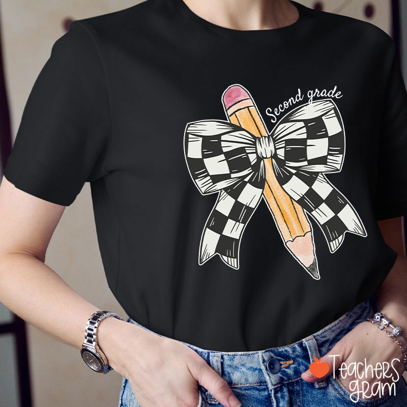 Personalized Grade Checkered Bow Pencil Teacher T-Shirt