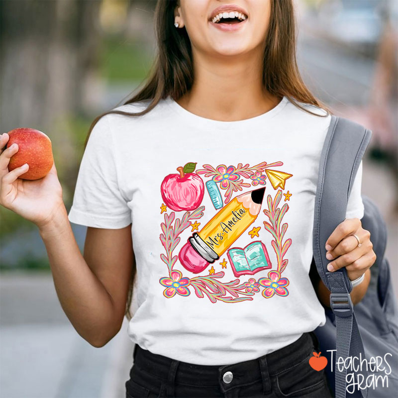 Flowers Pencil Apple Book Star Teacher T-Shirt