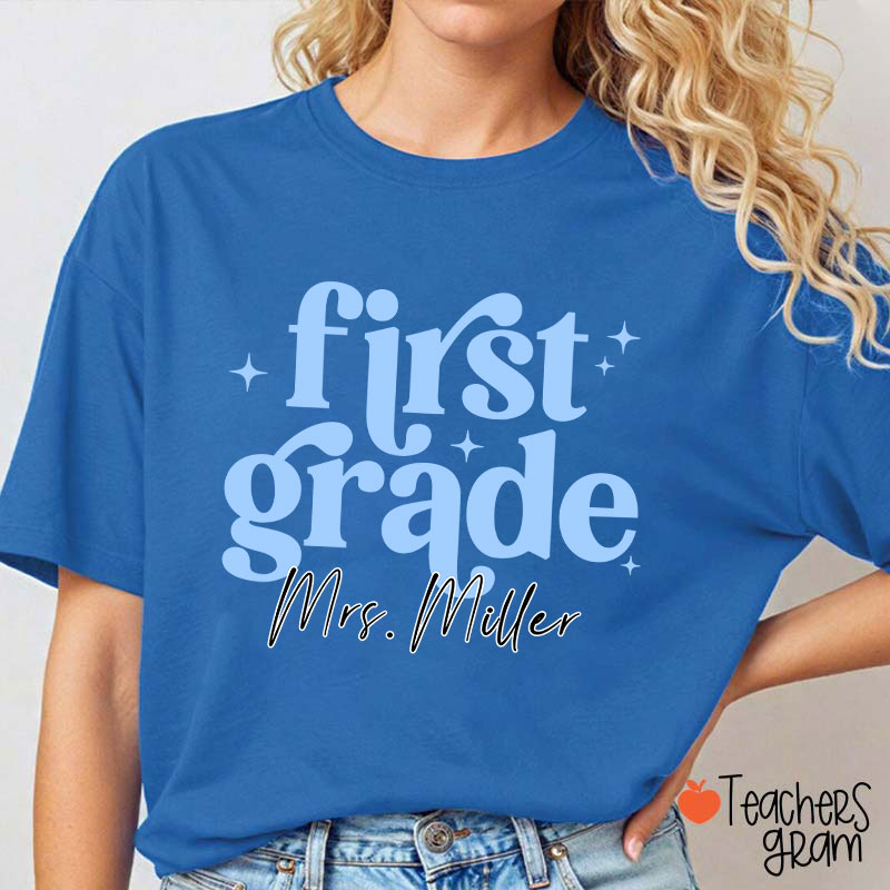 Personalized Grade Name Monochrome Stars Teacher T-Shirt