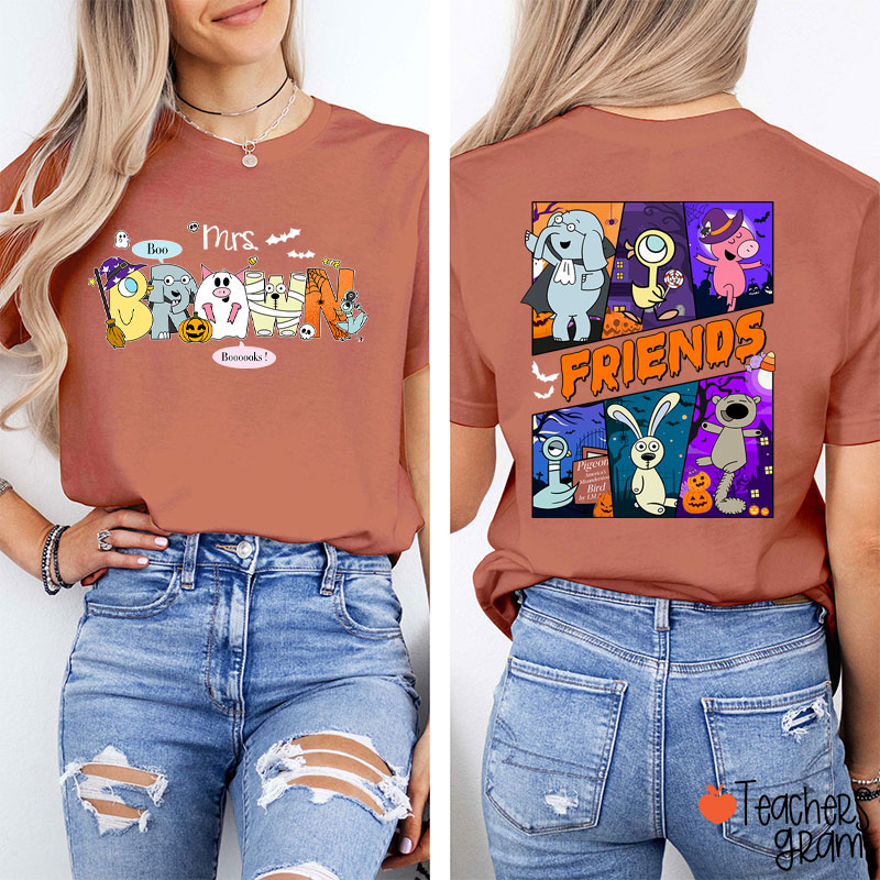 Personalized Name Boo Booooks Friends Teacher Two Sided T-Shirt