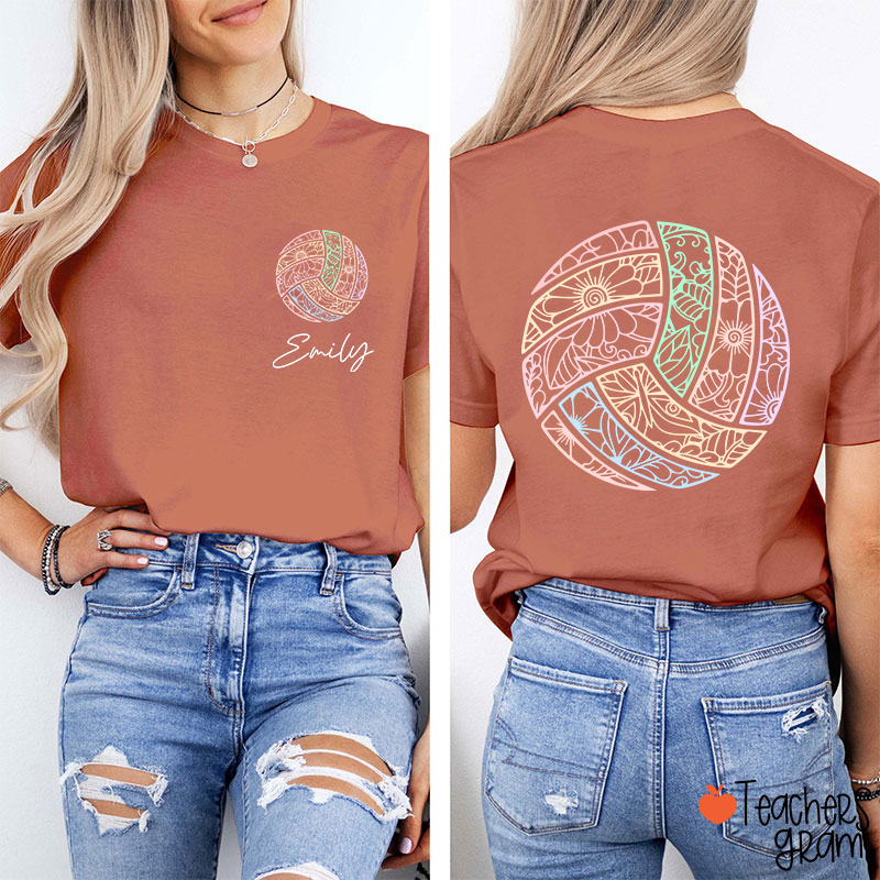 Personalized Name Floral Volleyball Game Day Teacher Two Sided T-Shirt