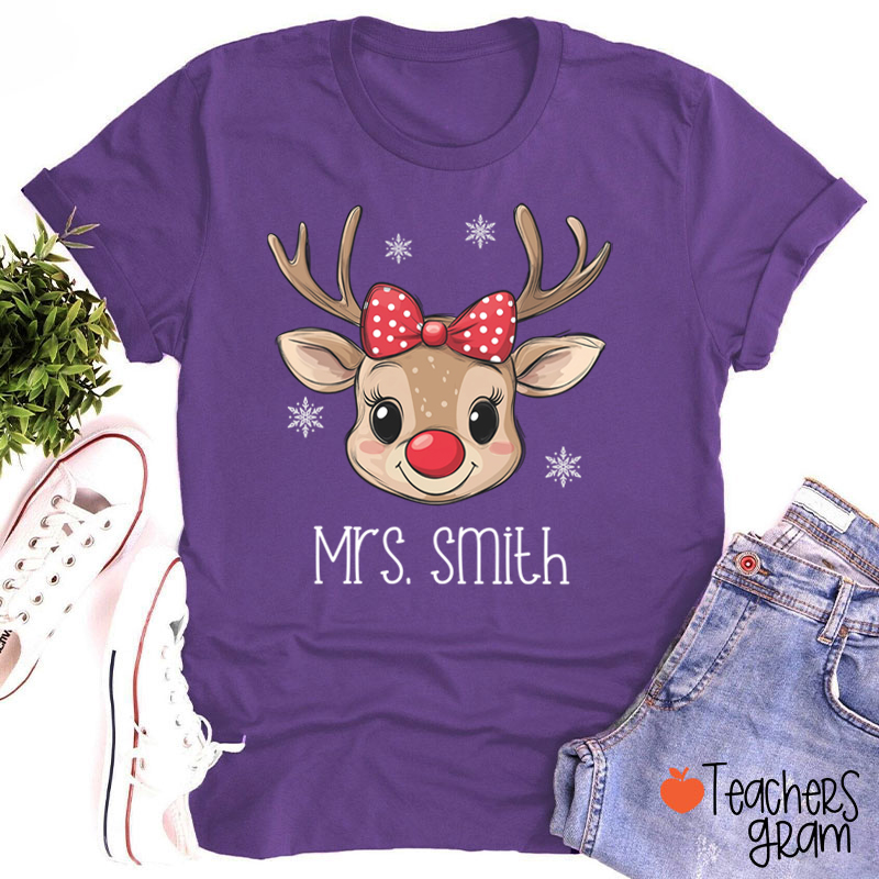 Personalized Name Cute Bow Reindeer Teacher T-Shirt