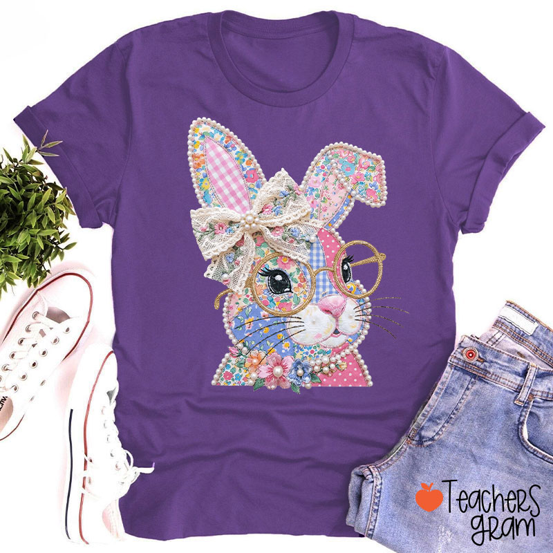 Faux Patchwork Bunny Teacher T-Shirt