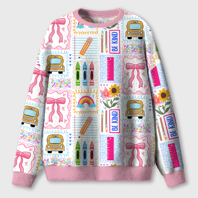 School Bus Coquette Bow Teacher Ugly Fluffy Christmas Sweater