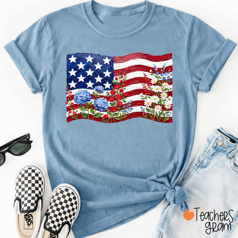 Floral American Flag Teacher T-Shirt
