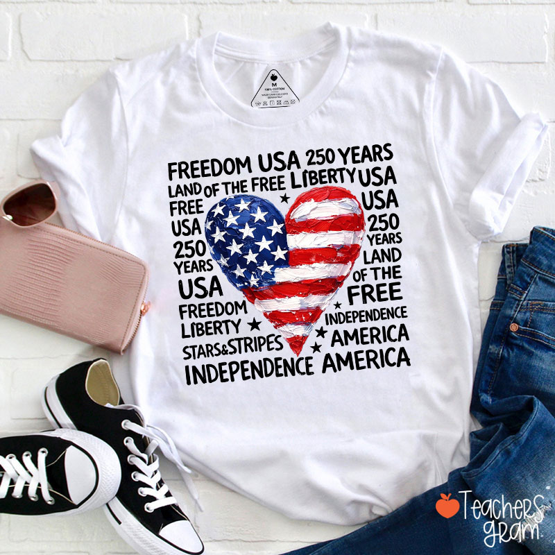 Heart Shaped American Flag Teacher T-Shirt