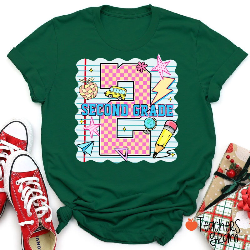 Personalized Pink Plaid And Notebook Style Teacher T-Shirt