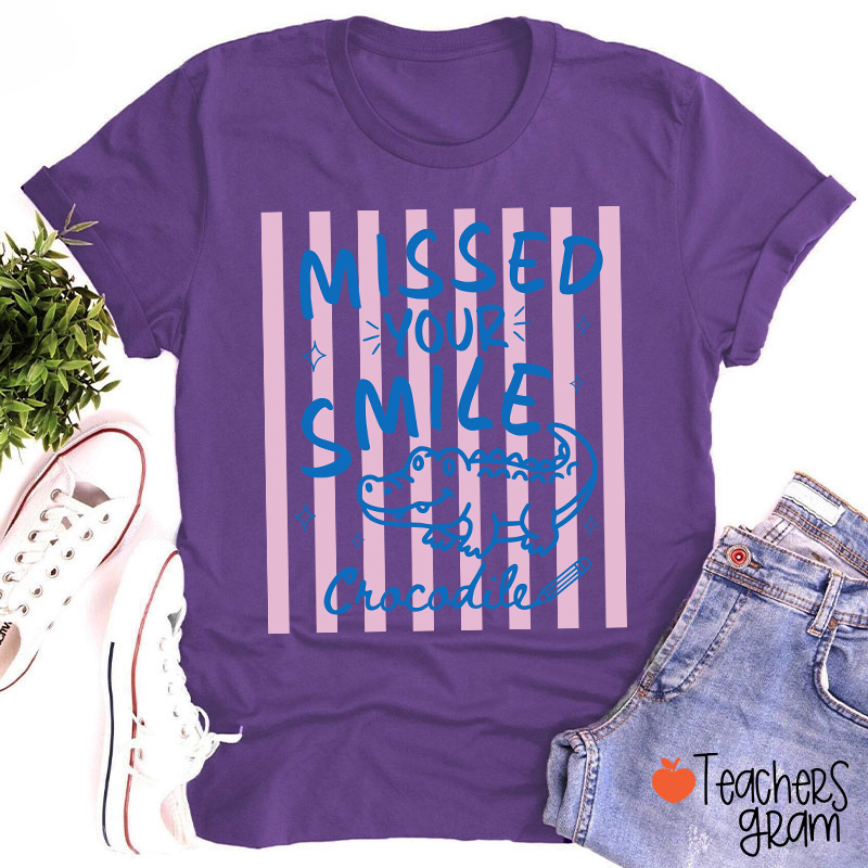 Personalized Missed Your Smile Crocodile Pink Stripe Teacher T-Shirt