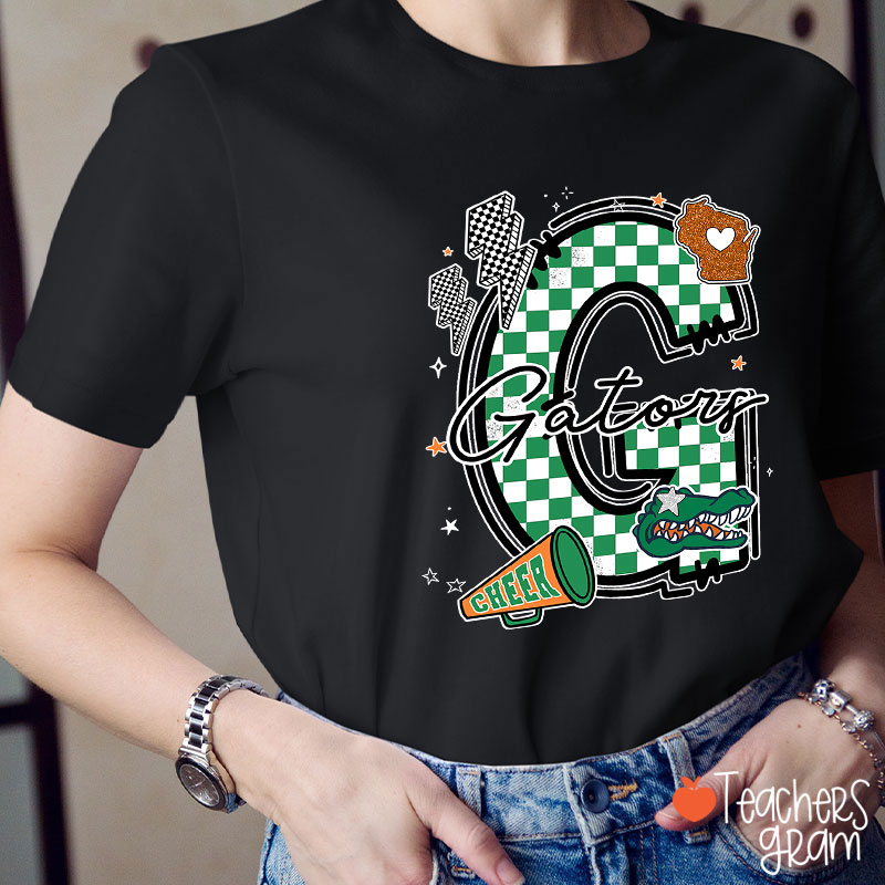 Personalized Mascot Initials Checkered School Spirit Teacher T-Shirt
