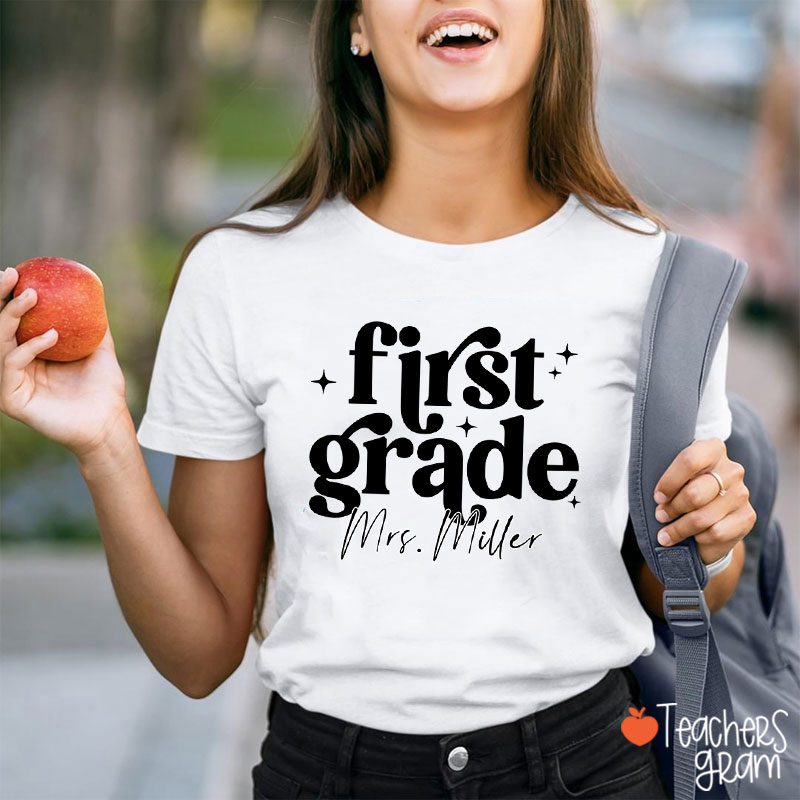 Personalized Grade Name Monochrome Stars Teacher T-Shirt