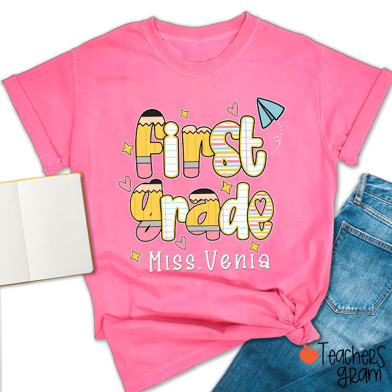 Personalized Name Grade Pencil Notebook Heart Star Paper Plane Teacher T-Shirt