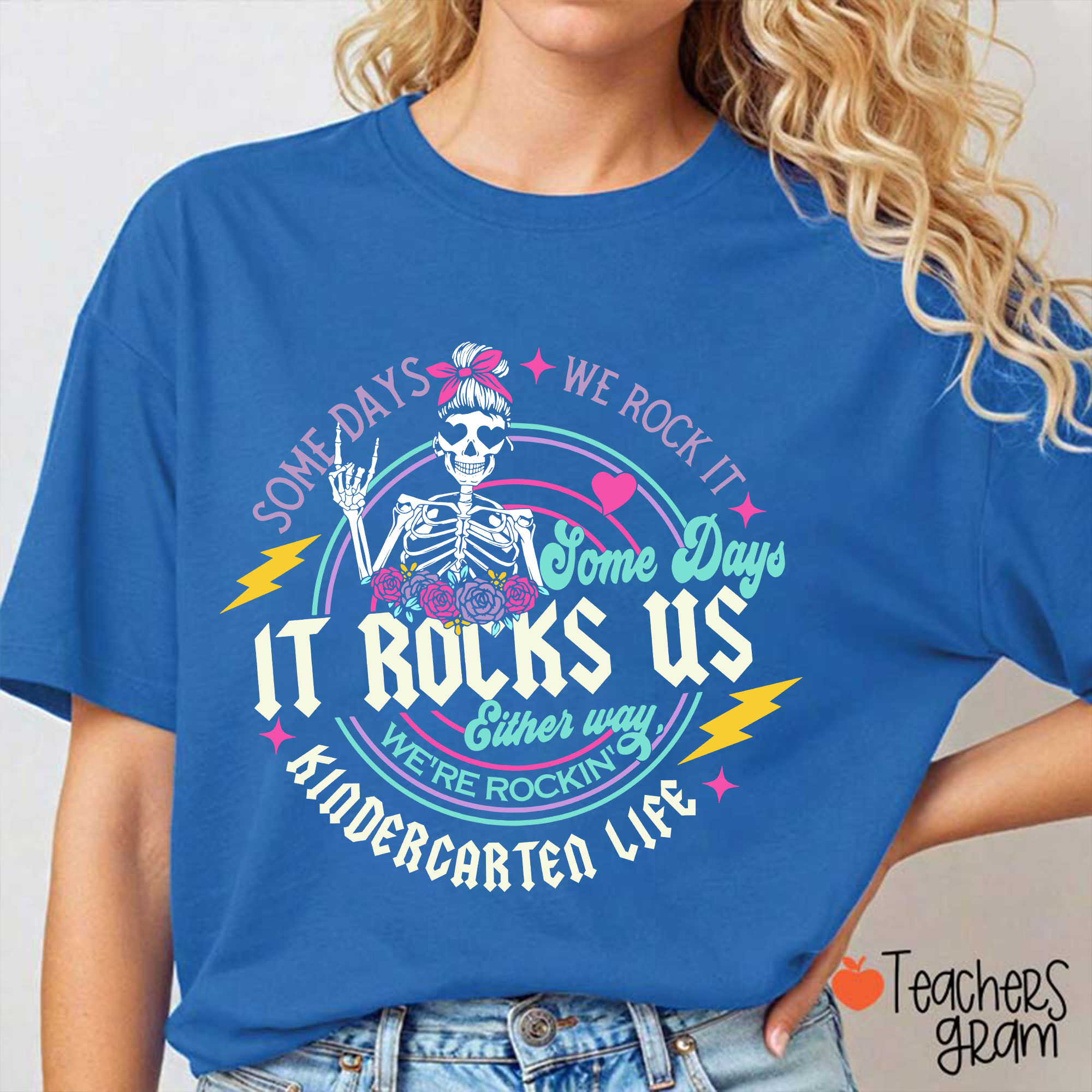 Personalized Grade Name Rock Skull Bow Lightning Teacher T-Shirt